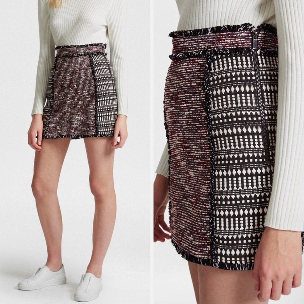French Connection Size 6 Skirt Pixel Mix Cotton Tweed Black White Red Mini ALine